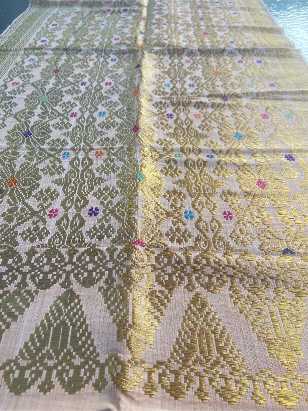 Handwoven Gold and Olive Jacquard Textile on Silk